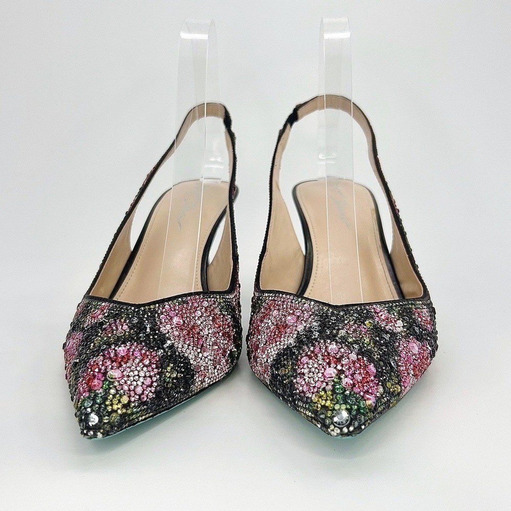 Betsey Johnson Clark Rhinestone Floral Slingback Pumps Black Pink Heels 10 NWOT - Picture 5 of 12